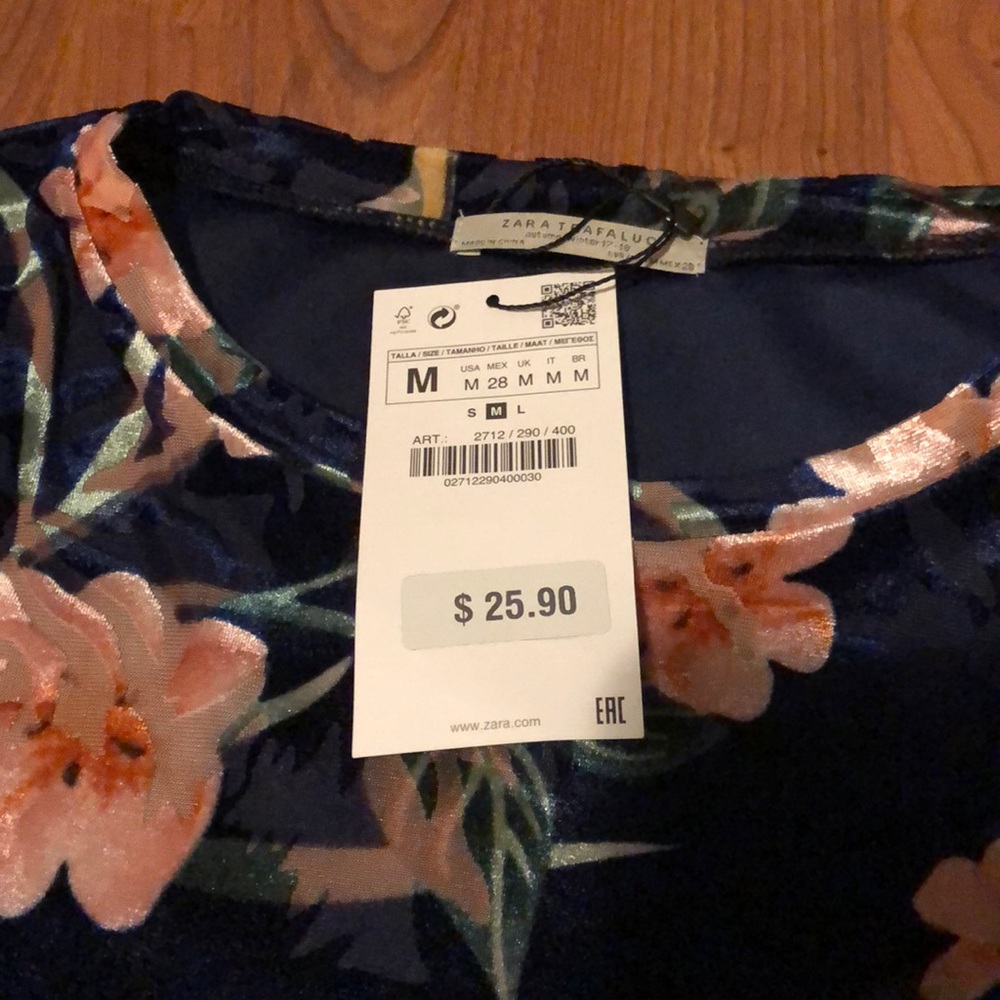 Blue Velvet blouse with pink flowers